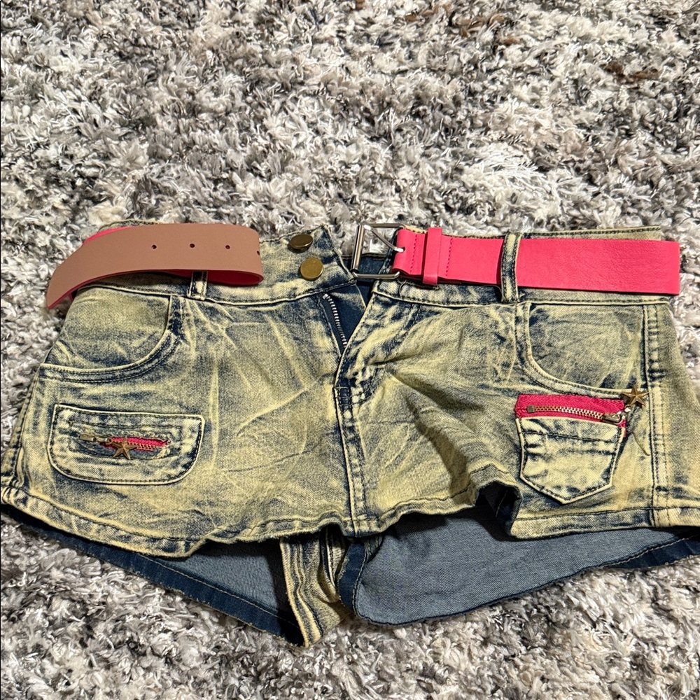 Denim Mini Skirt with Pink Belt